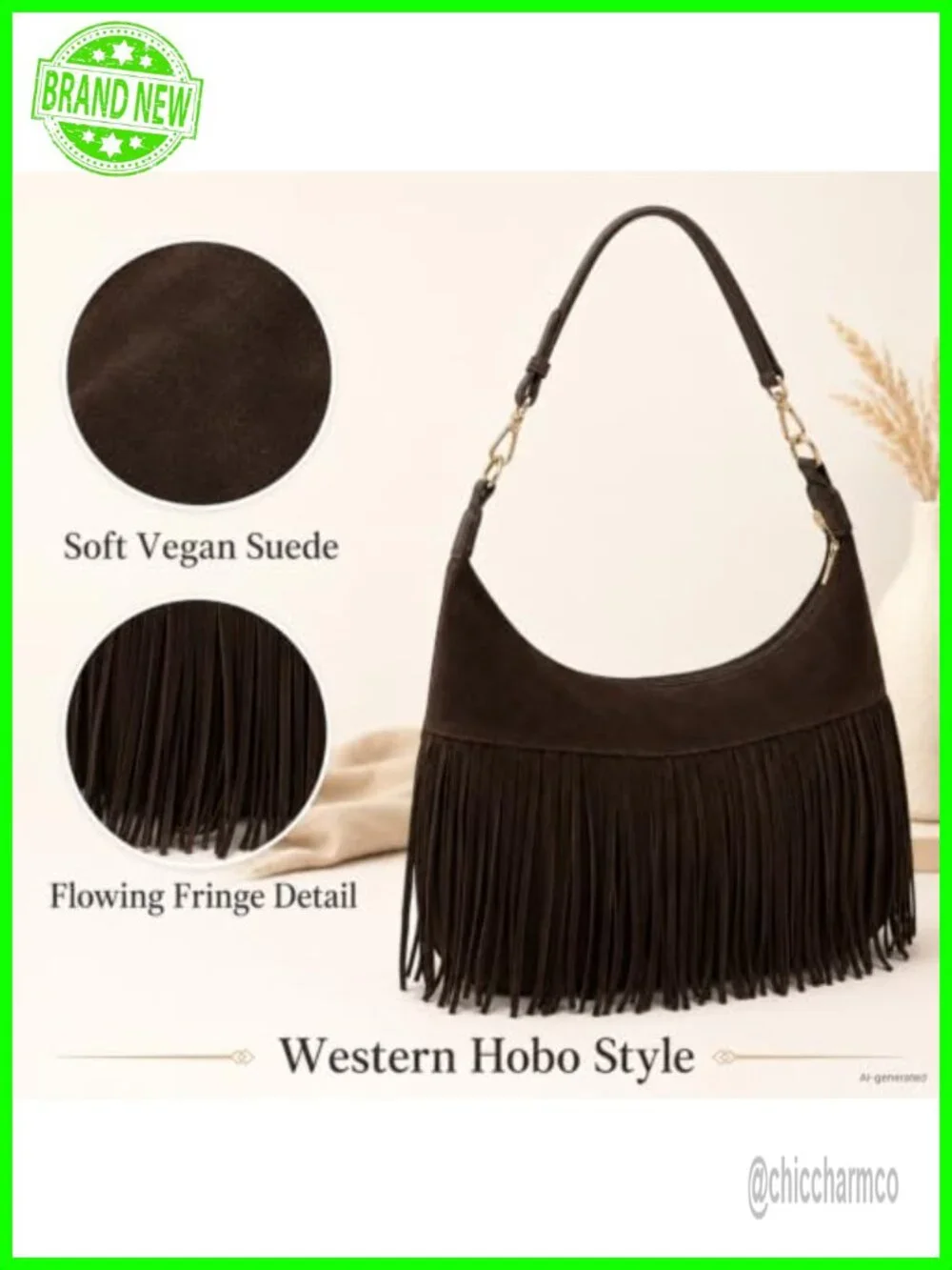 Vegan Suede Fringe Hobo Bag Crossbody Shoulder Purse